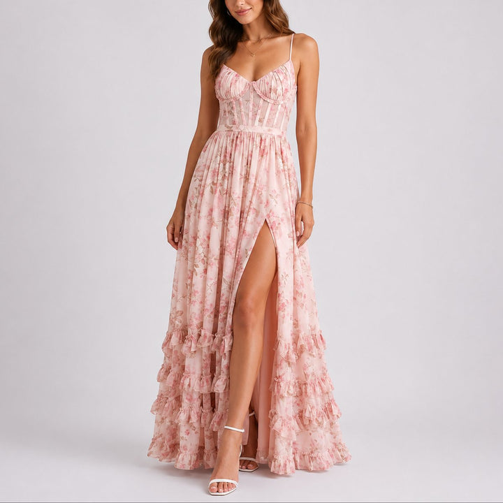 Celestine | Women's Floral Maxi Wedding Guest Dress – Corset Ruffle Hem