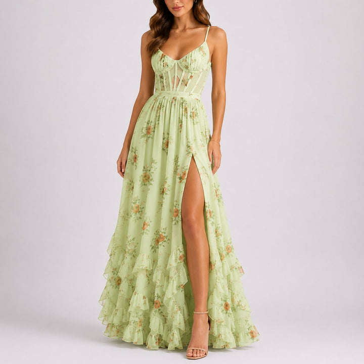 Celestine | Women's Floral Maxi Wedding Guest Dress – Corset Ruffle Hem