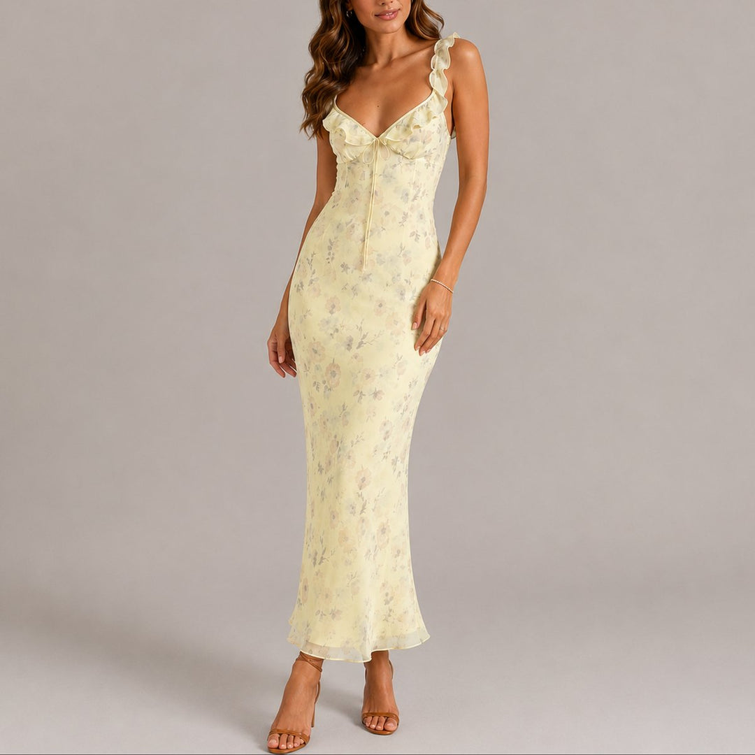 Ophelia | Women's Floral Maxi Wedding Guest Dress – Ruffle Strap Detail