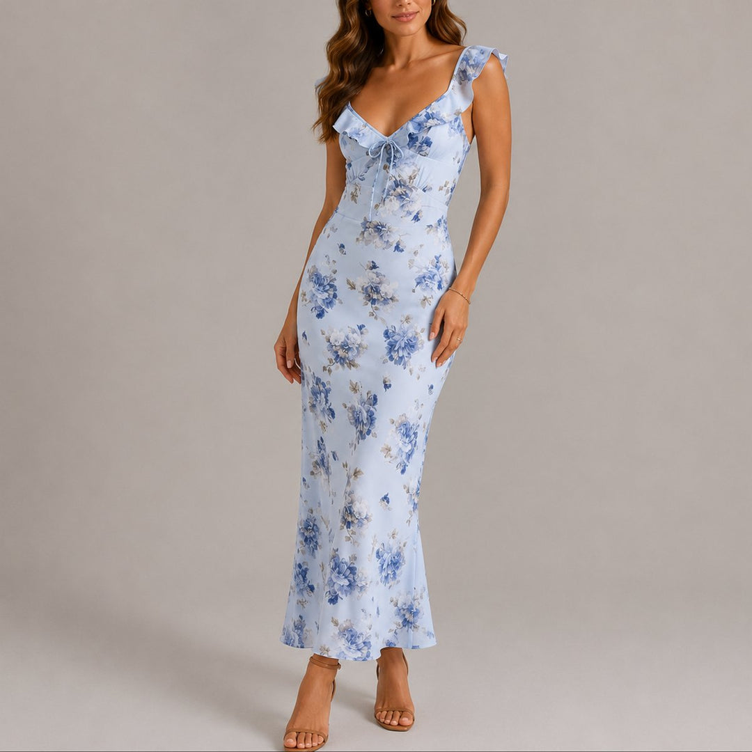 Ophelia | Women's Floral Maxi Wedding Guest Dress – Ruffle Strap Detail