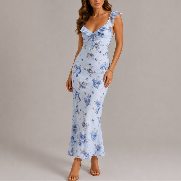 Ophelia | Women's Floral Maxi Wedding Guest Dress – Ruffle Strap Detail
