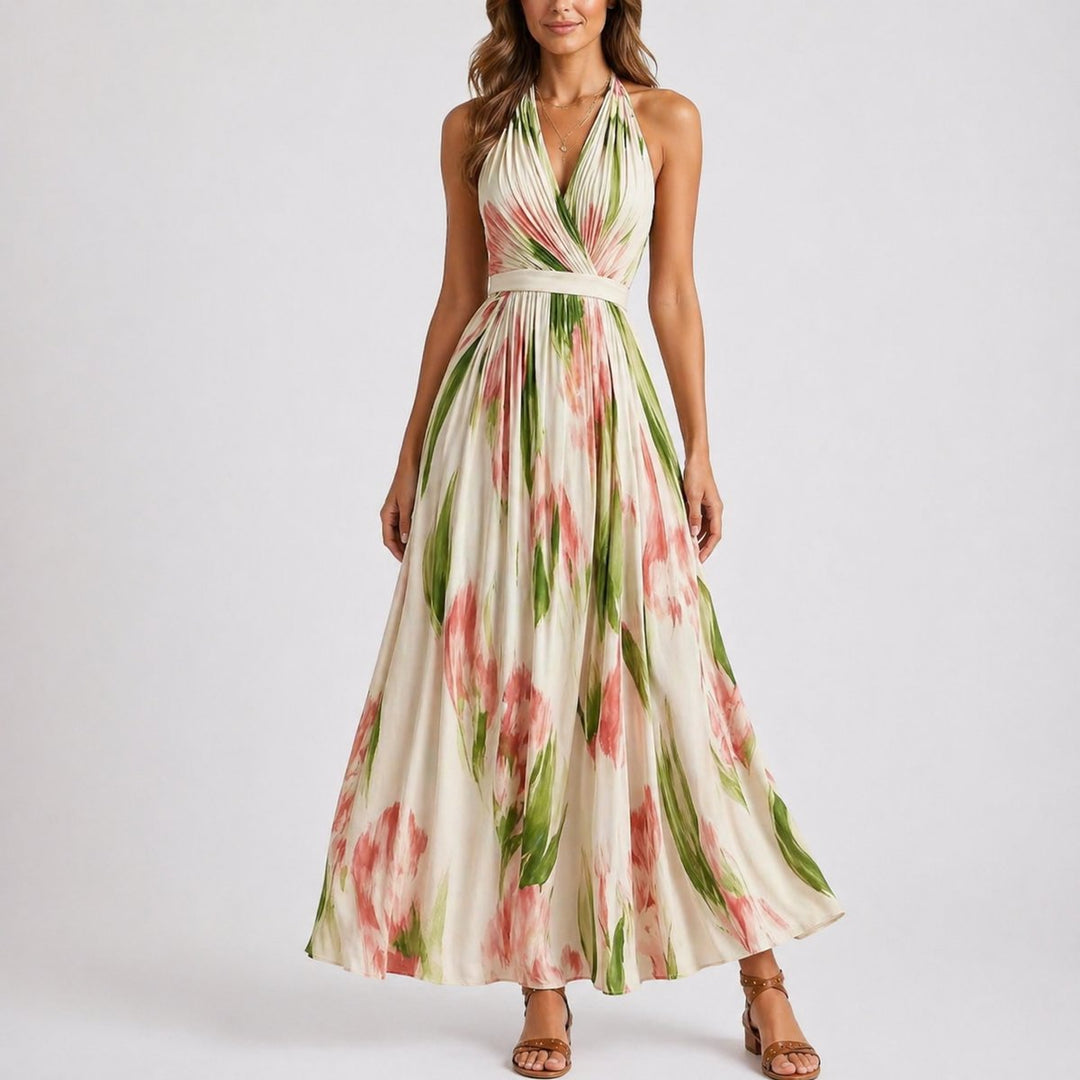 Marisol | Women's Halter Neck Maxi Wedding Guest Dress – Watercolor Floral Print