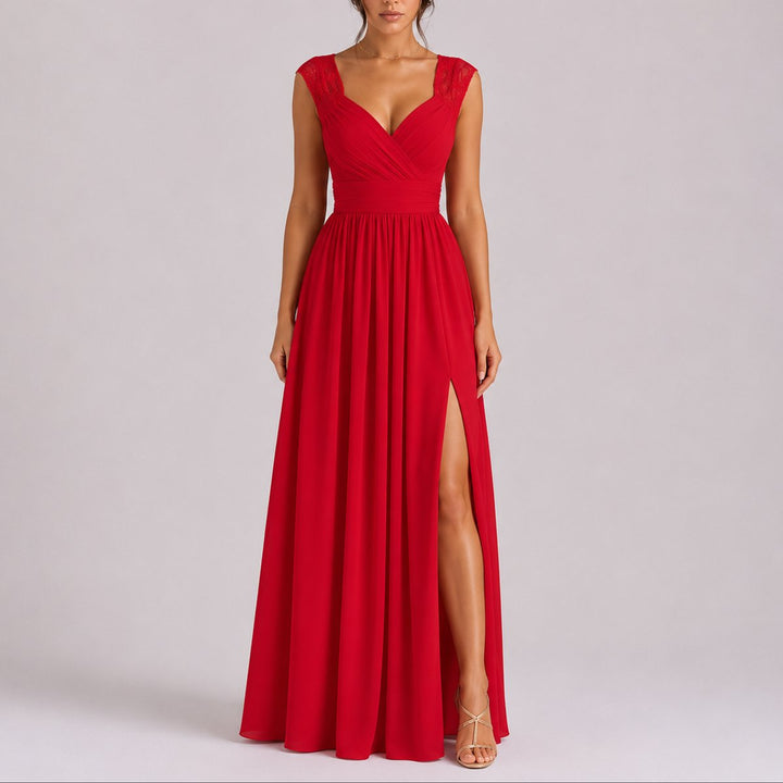Marceline | Women's Chiffon Maxi Wedding Guest Dress – Lace Wrap Bodice
