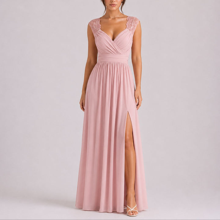 Marceline | Women's Chiffon Maxi Wedding Guest Dress – Lace Wrap Bodice