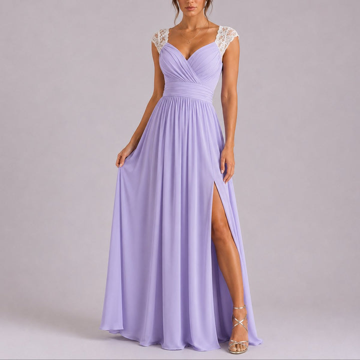 Marceline | Women's Chiffon Maxi Wedding Guest Dress – Lace Wrap Bodice
