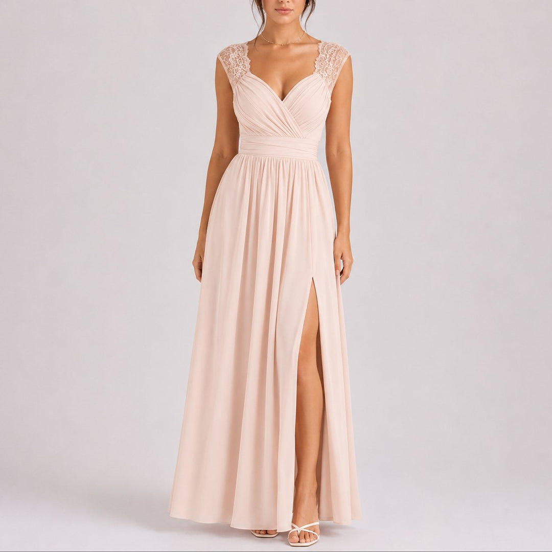 Marceline | Women's Chiffon Maxi Wedding Guest Dress – Lace Wrap Bodice