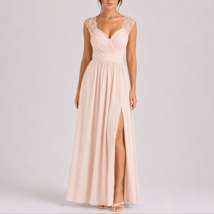 Marceline | Women's Chiffon Maxi Wedding Guest Dress – Lace Wrap Bodice