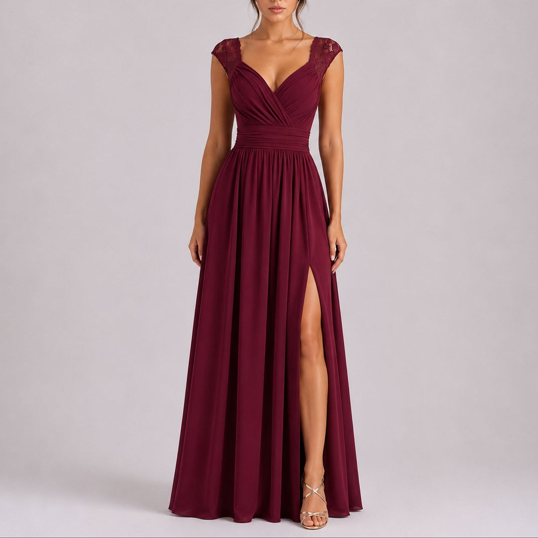Marceline | Women's Chiffon Maxi Wedding Guest Dress – Lace Wrap Bodice