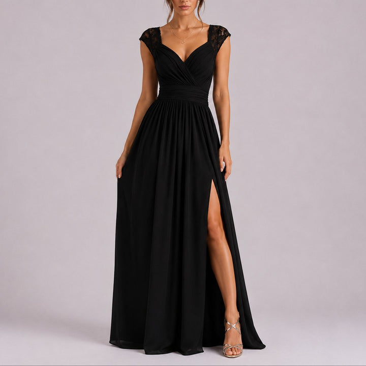 Marceline | Women's Chiffon Maxi Wedding Guest Dress – Lace Wrap Bodice