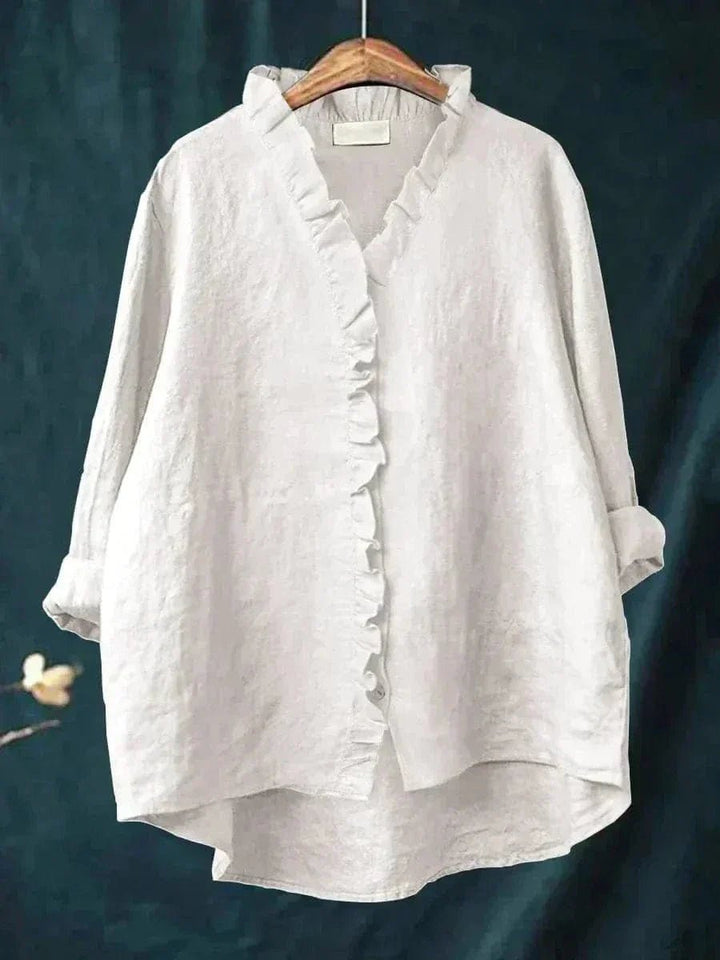 Frilled Edge | Ruffle Trim Button-Through Linen Blouse