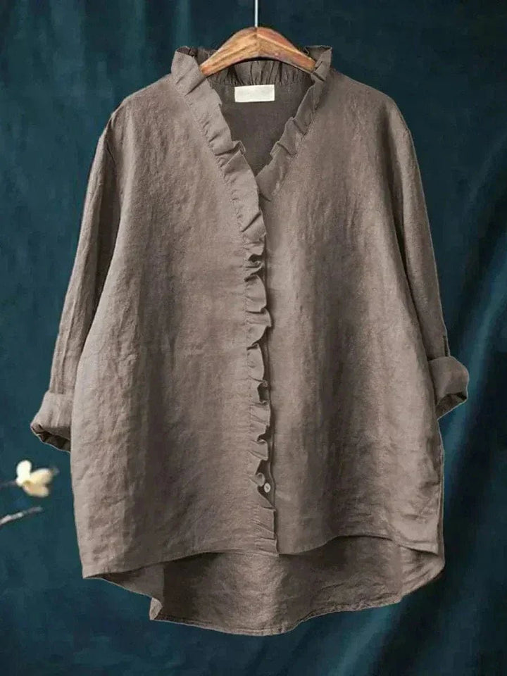 Frilled Edge | Ruffle Trim Button-Through Linen Blouse