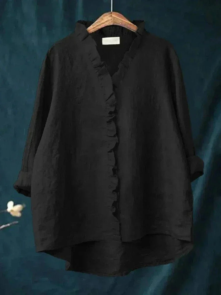 Frilled Edge | Ruffle Trim Button-Through Linen Blouse