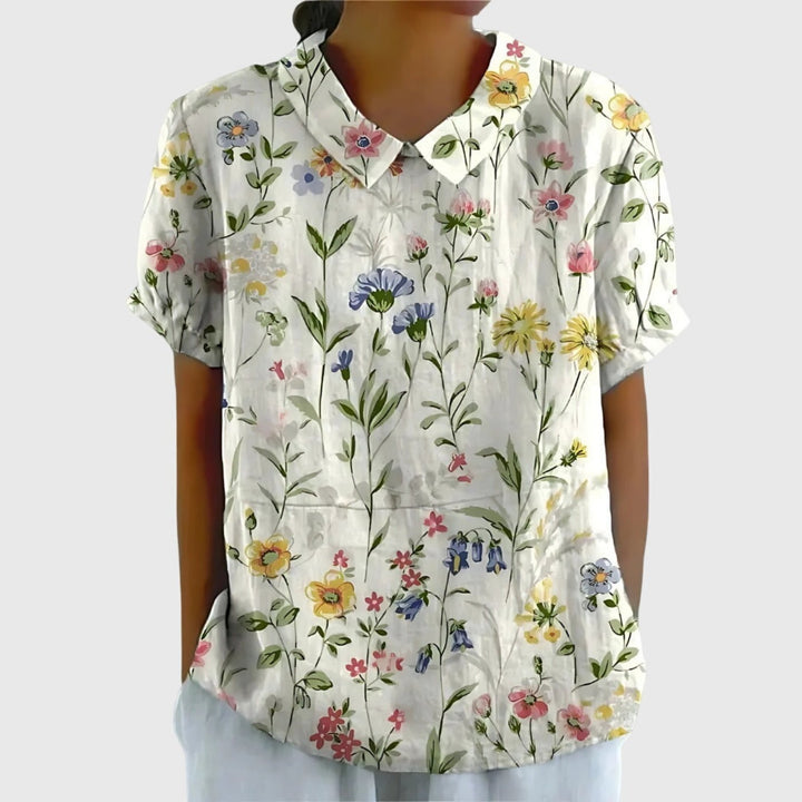 Wildflower Field | Floral Print Short Sleeve Linen Blouse