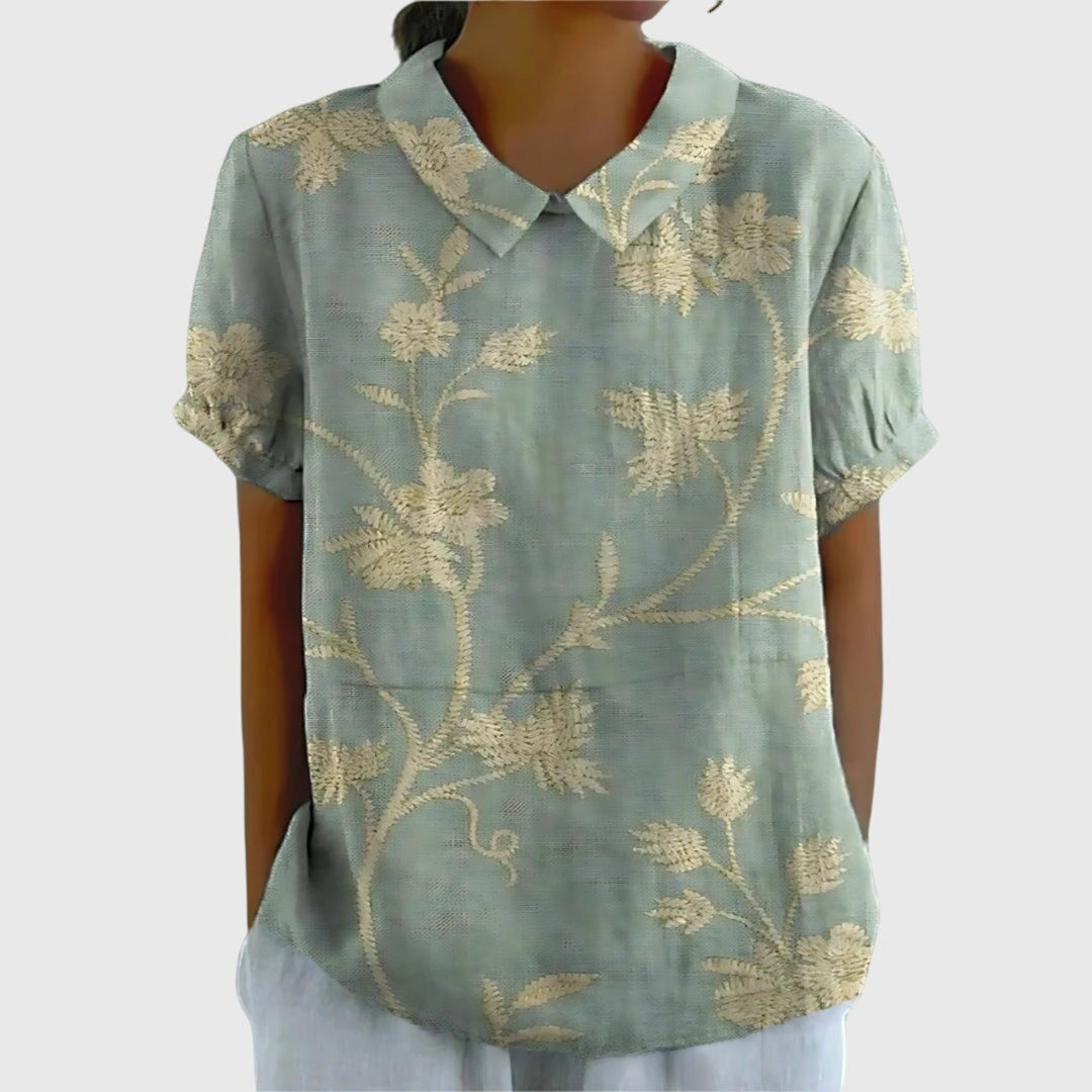 Wildflower Field | Floral Print Short Sleeve Linen Blouse