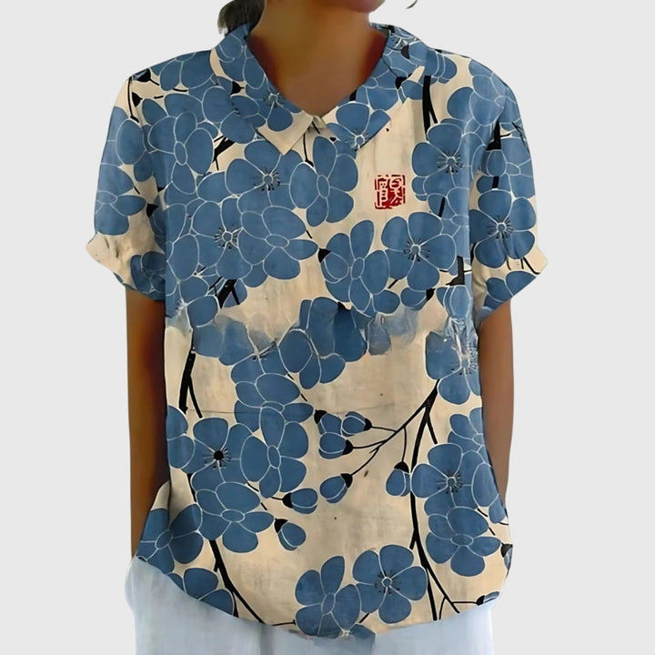 Wildflower Field | Floral Print Short Sleeve Linen Blouse