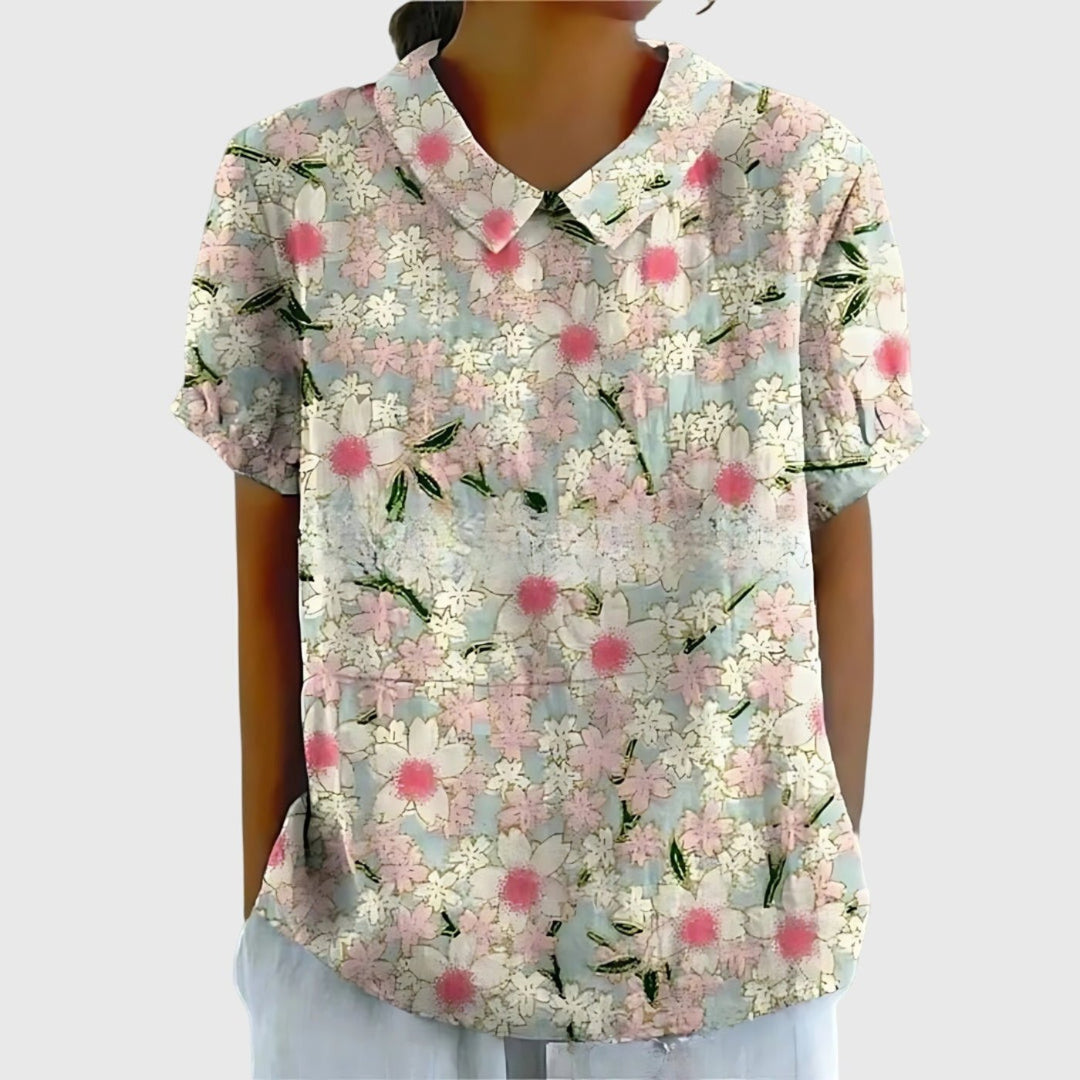 Wildflower Field | Floral Print Short Sleeve Linen Blouse