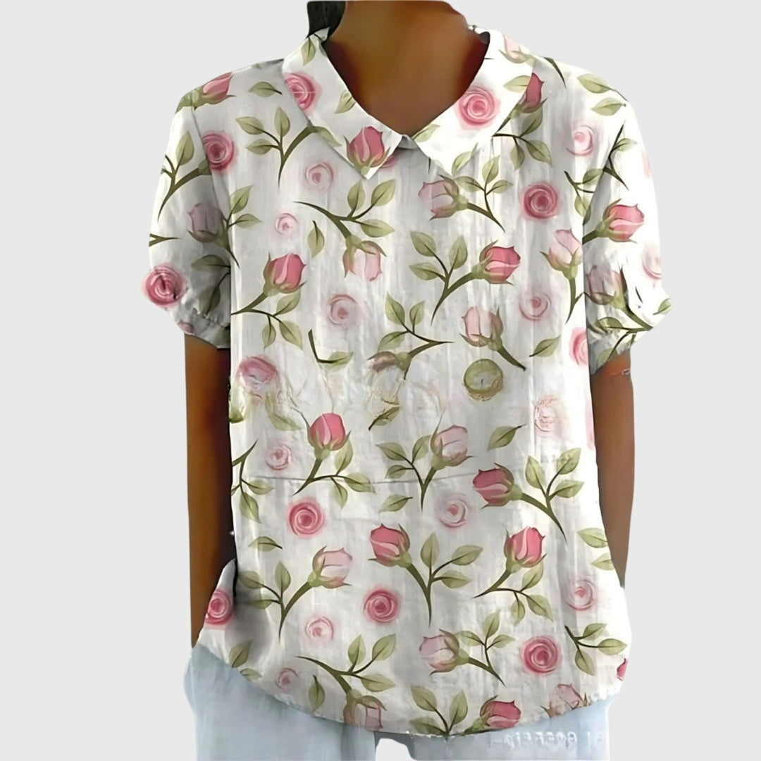 Wildflower Field | Floral Print Short Sleeve Linen Blouse