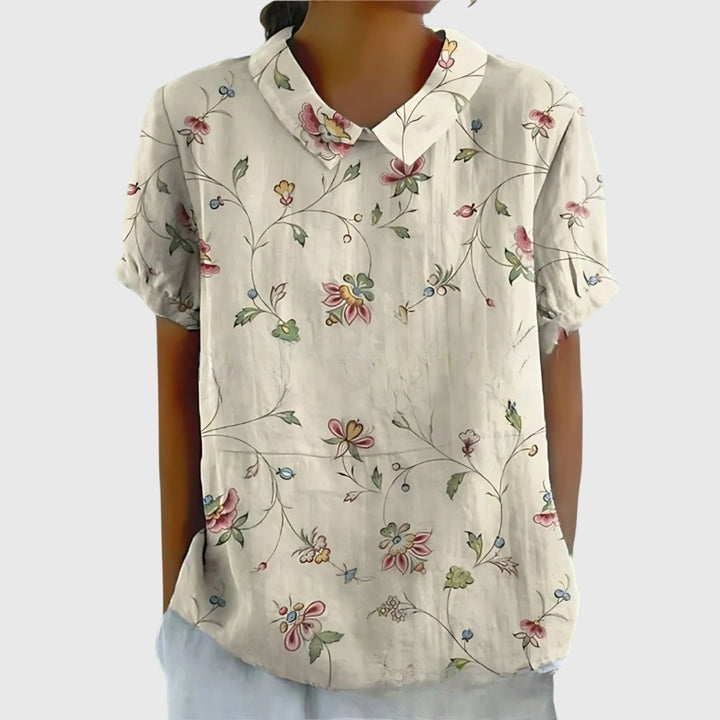 Wildflower Field | Floral Print Short Sleeve Linen Blouse
