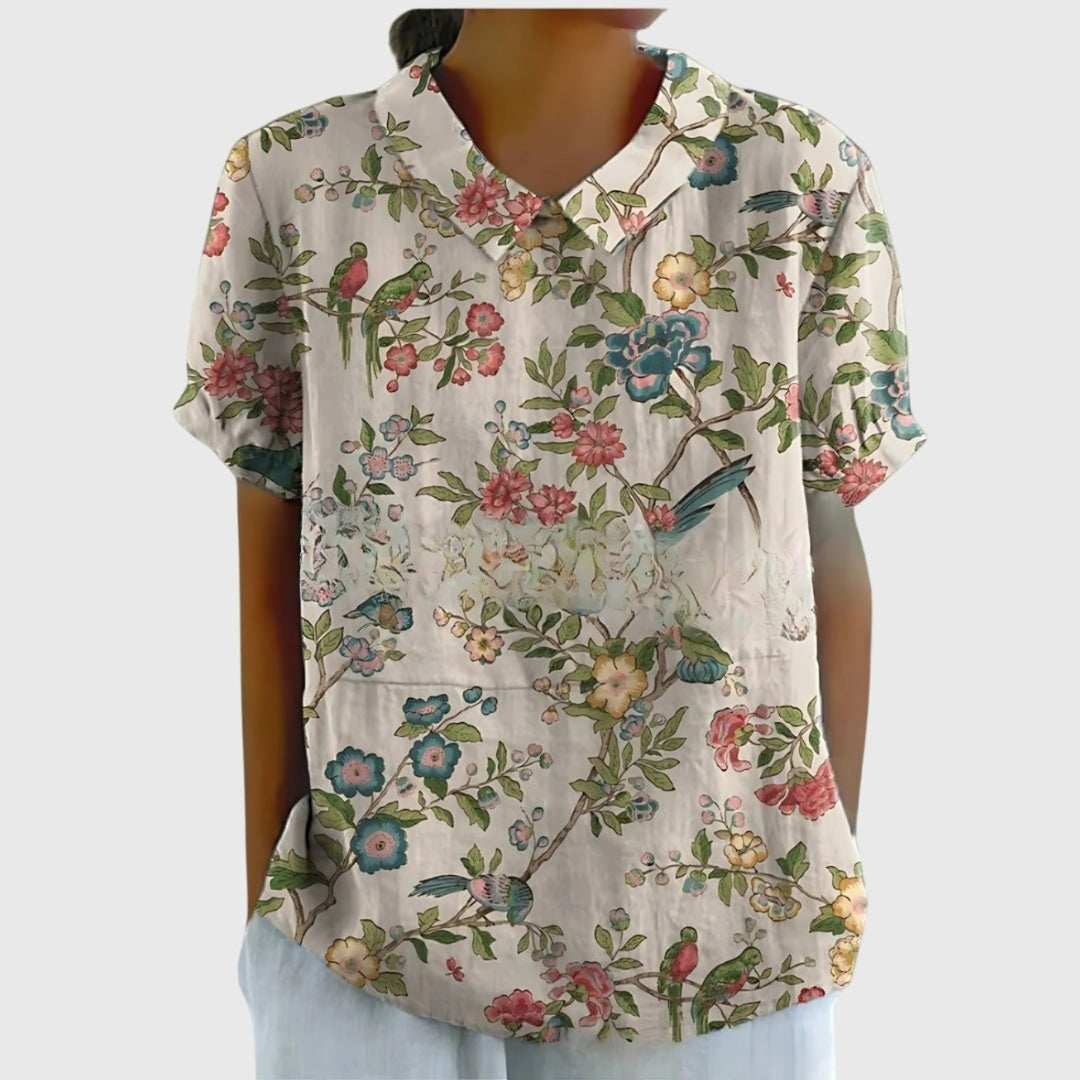 Wildflower Field | Floral Print Short Sleeve Linen Blouse
