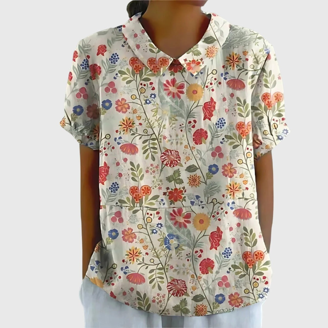 Wildflower Field | Floral Print Short Sleeve Linen Blouse