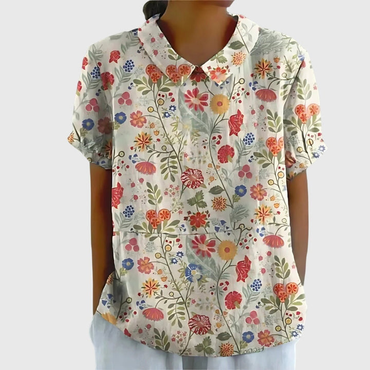 Wildflower Field | Floral Print Short Sleeve Linen Blouse
