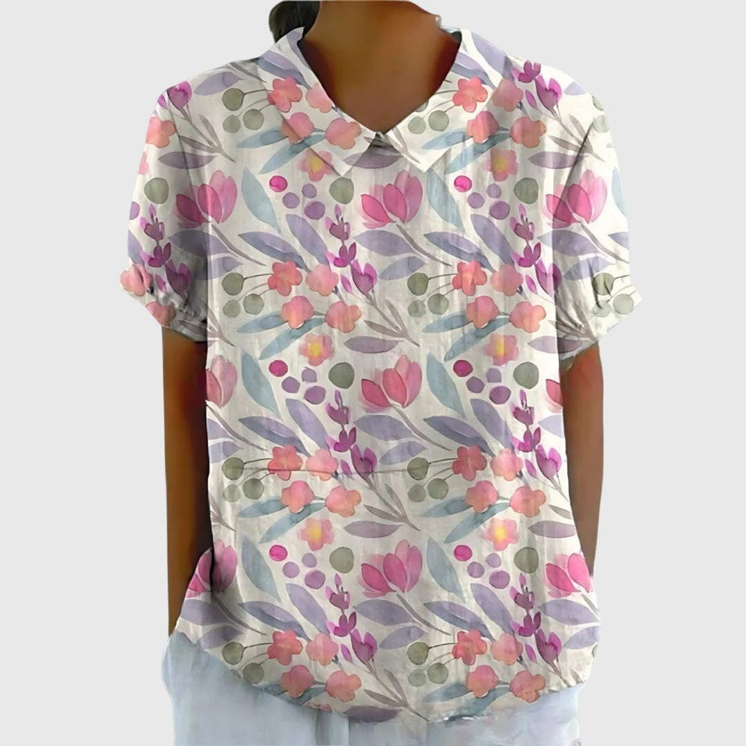 Wildflower Field | Floral Print Short Sleeve Linen Blouse