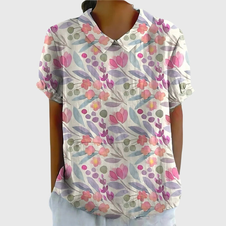 Wildflower Field | Floral Print Short Sleeve Linen Blouse