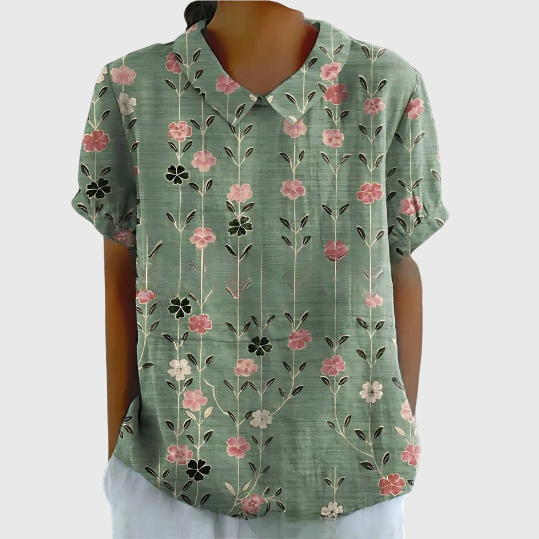 Wildflower Field | Floral Print Short Sleeve Linen Blouse