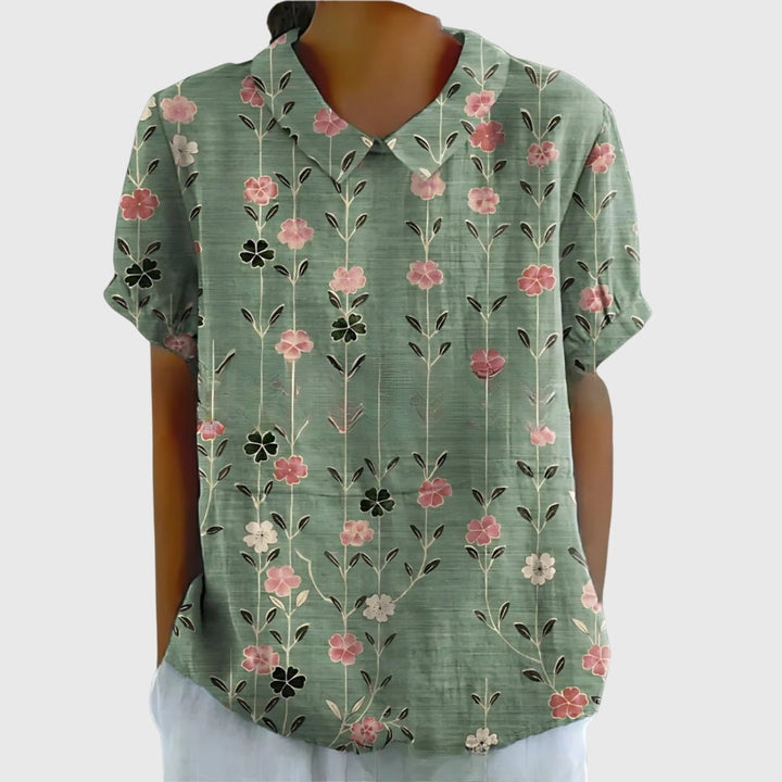 Wildflower Field | Floral Print Short Sleeve Linen Blouse