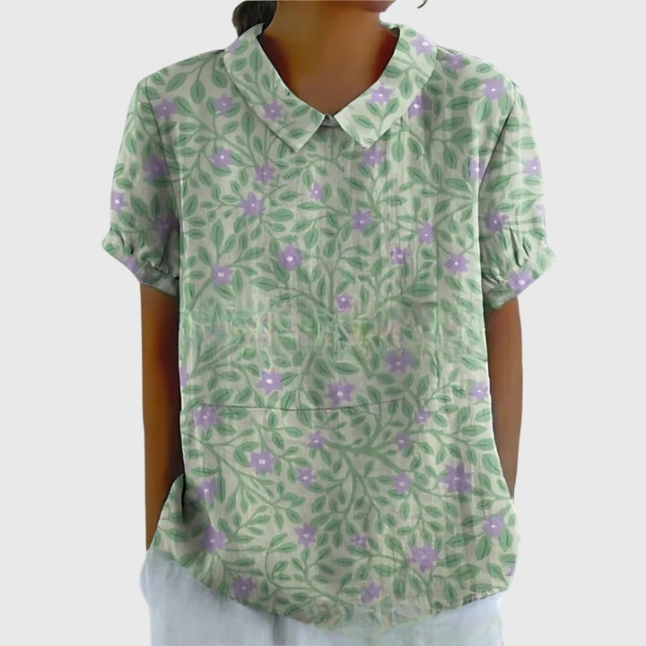 Wildflower Field | Floral Print Short Sleeve Linen Blouse