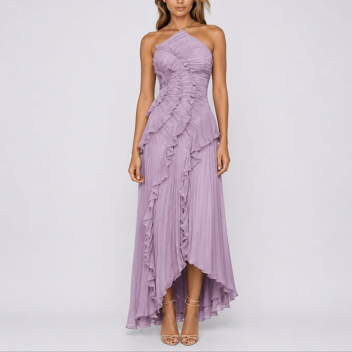 Rosalind | Women's Halter Maxi Wedding Guest Dress – Pleated Ruffle Design