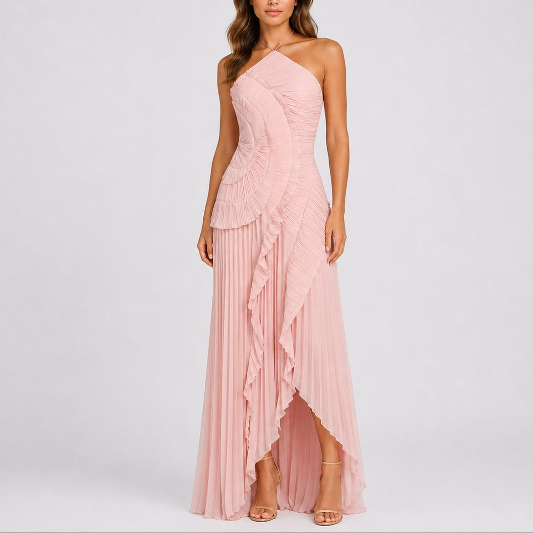 Rosalind | Women's Halter Maxi Wedding Guest Dress – Pleated Ruffle Design