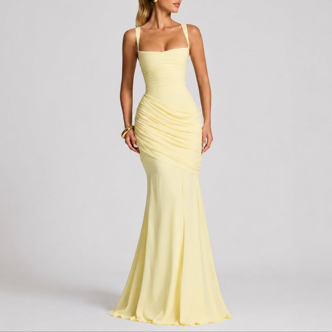 Delphine | Women's Ruched Maxi Wedding Guest Dress – Square Neck Design