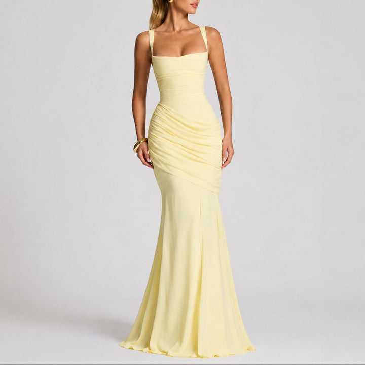 Delphine | Women's Ruched Maxi Wedding Guest Dress – Square Neck Design