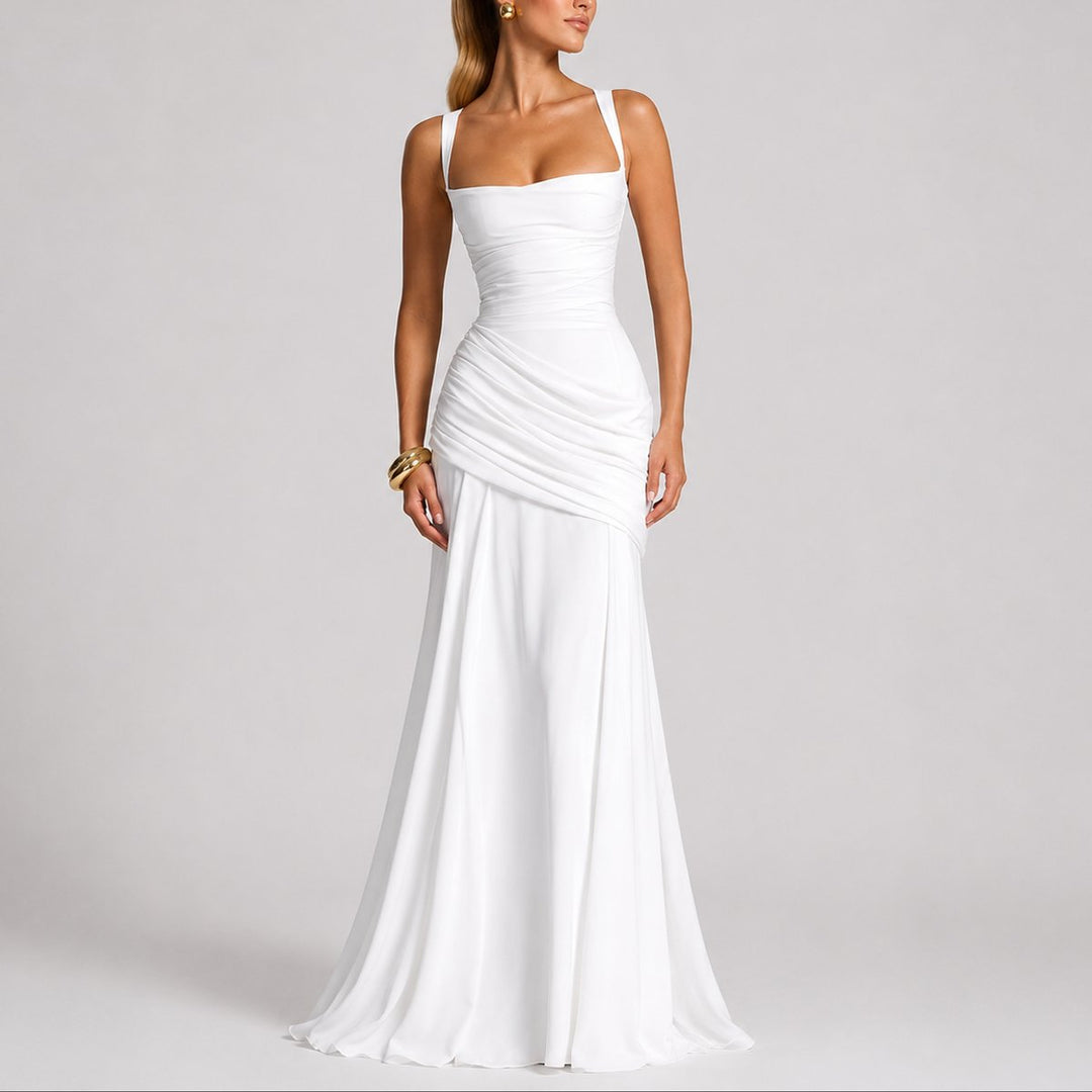 Delphine | Women's Ruched Maxi Wedding Guest Dress – Square Neck Design