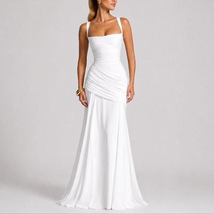 Delphine | Women's Ruched Maxi Wedding Guest Dress – Square Neck Design