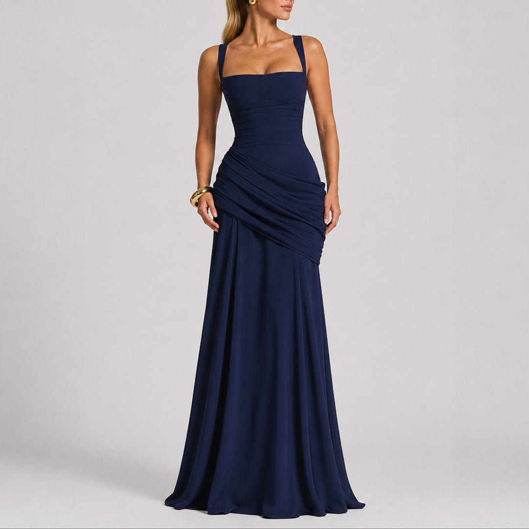 Delphine | Women's Ruched Maxi Wedding Guest Dress – Square Neck Design