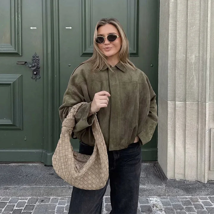Marlowe | Oversized Suede Spread Collar Women's Bomber Jackets