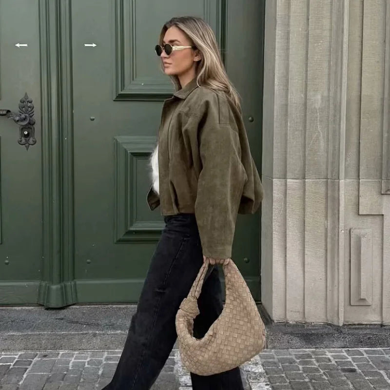Marlowe | Oversized Suede Spread Collar Women's Bomber Jackets