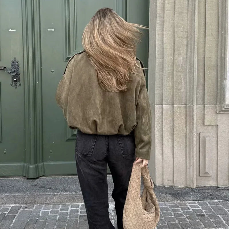 Marlowe | Oversized Suede Spread Collar Women's Bomber Jackets